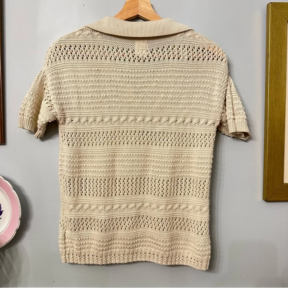 Joie V-Neck Open Knit Sweater XS Crochet Eyelet Beige Resort Travel Clean Girl - Picture 3 of 7